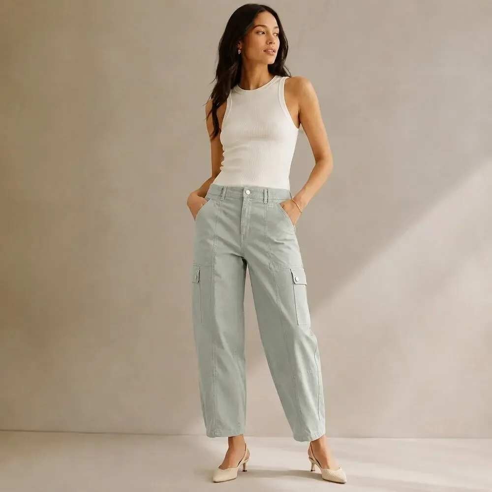 Anthropologie The Carson Utility Barrel Pant US 8 Blue Cargo Cotton Linen
